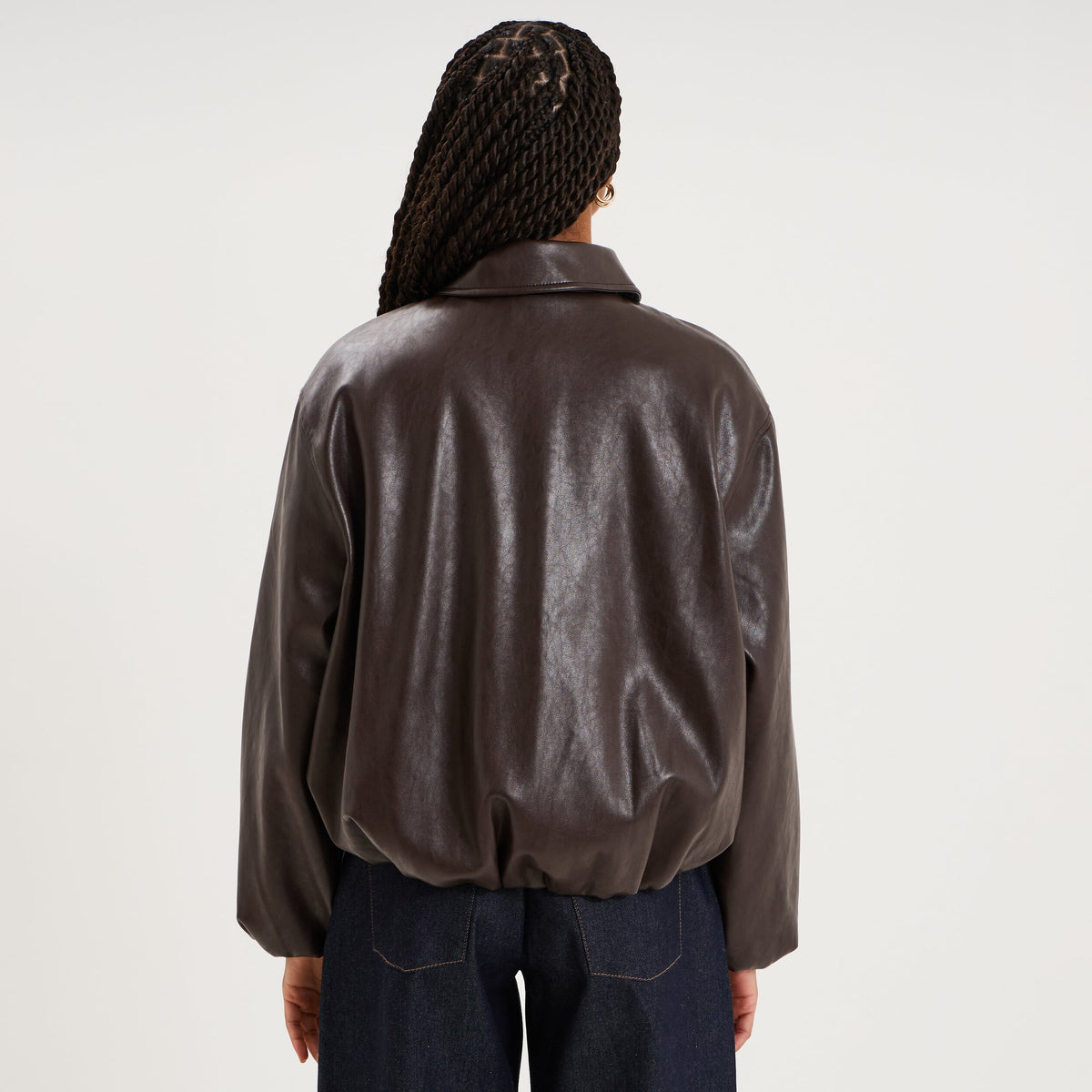 blouson court oversize similicuir zippé marron foncé femme - 2