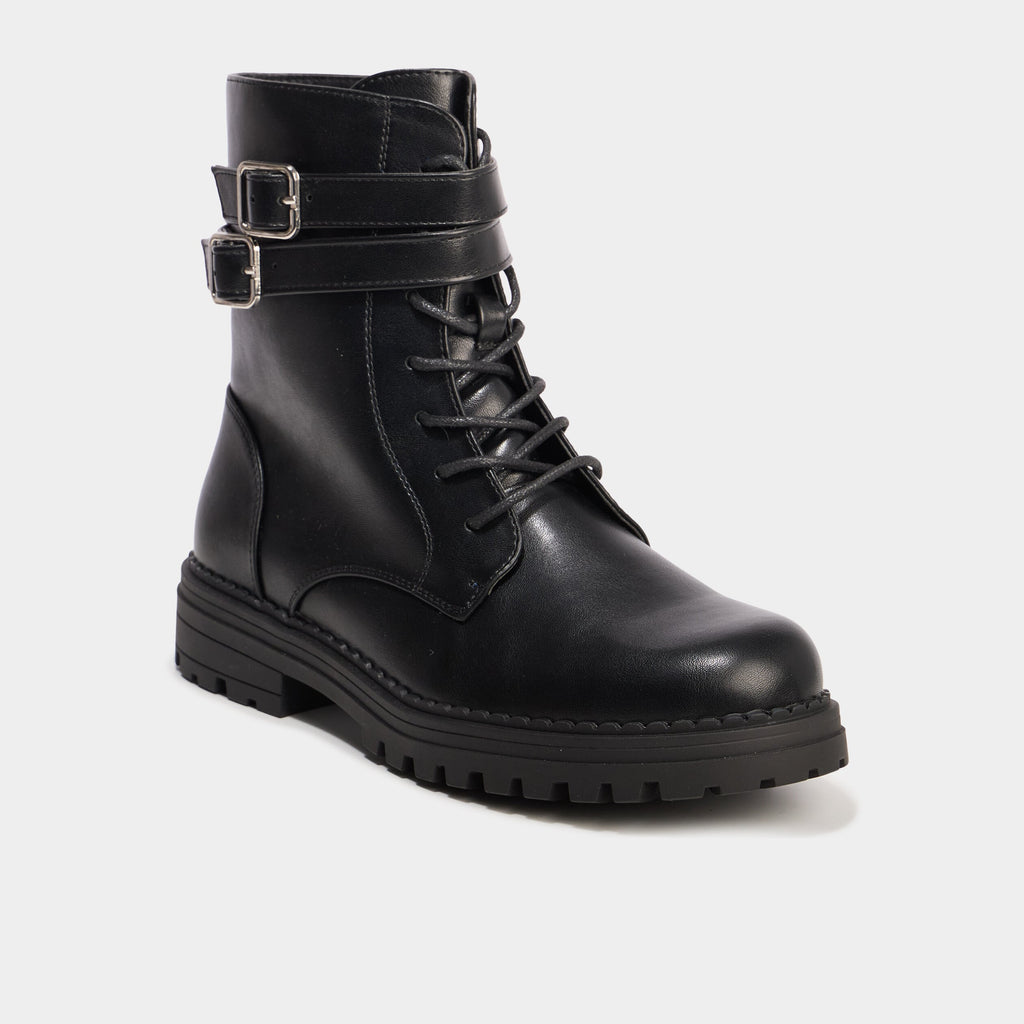 Boots crantées à lacets et boucles noir femme - 1