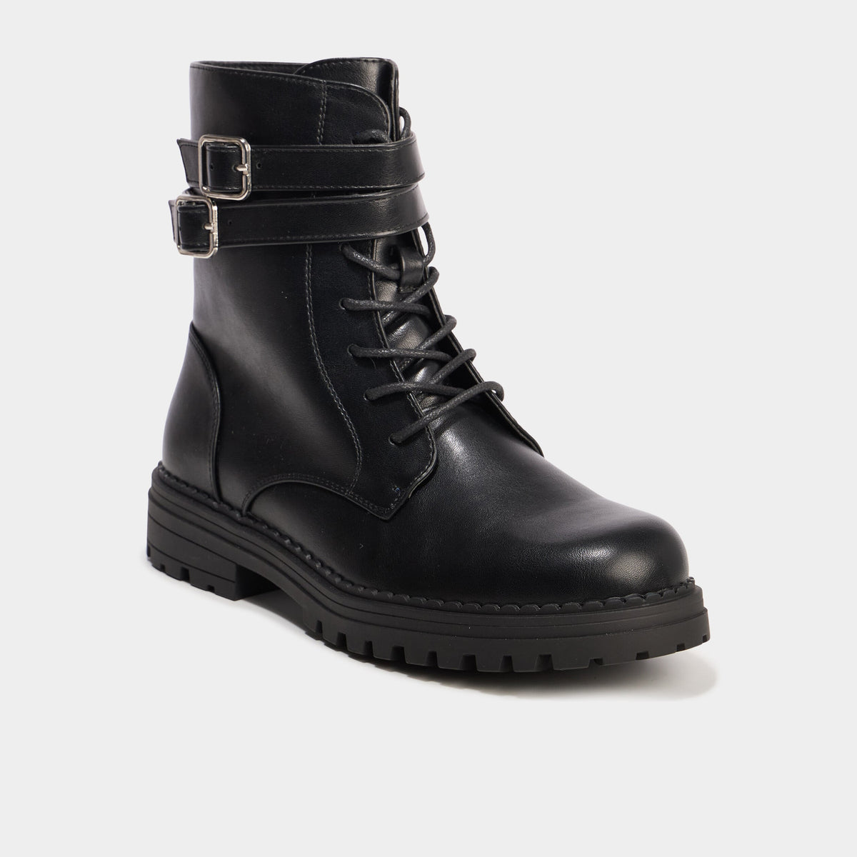 Boots crantées à lacets et boucles noir femme - 1