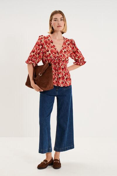 Women's Poppy Red V-Neck 3/4 Sleeve Smocked Floral Blouse