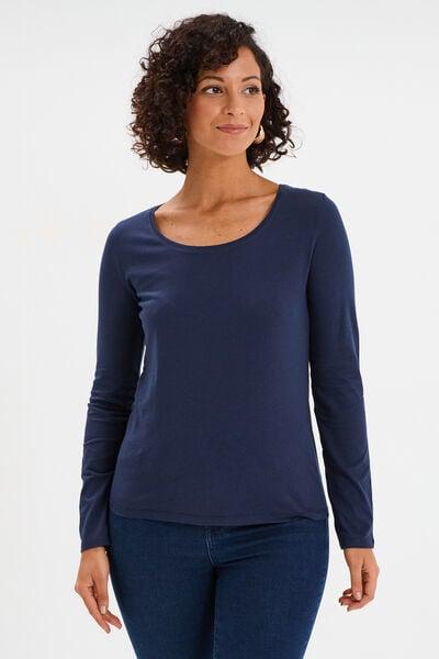 Women's Navy Cotton Crew-Neck Long-Sleeve T-Shirt