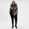 Doudoune à capuche effet simili cuir gris argent femme grande taille - 1