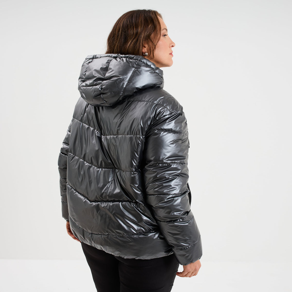 Doudoune à capuche effet simili cuir gris argent femme grande taille - 2