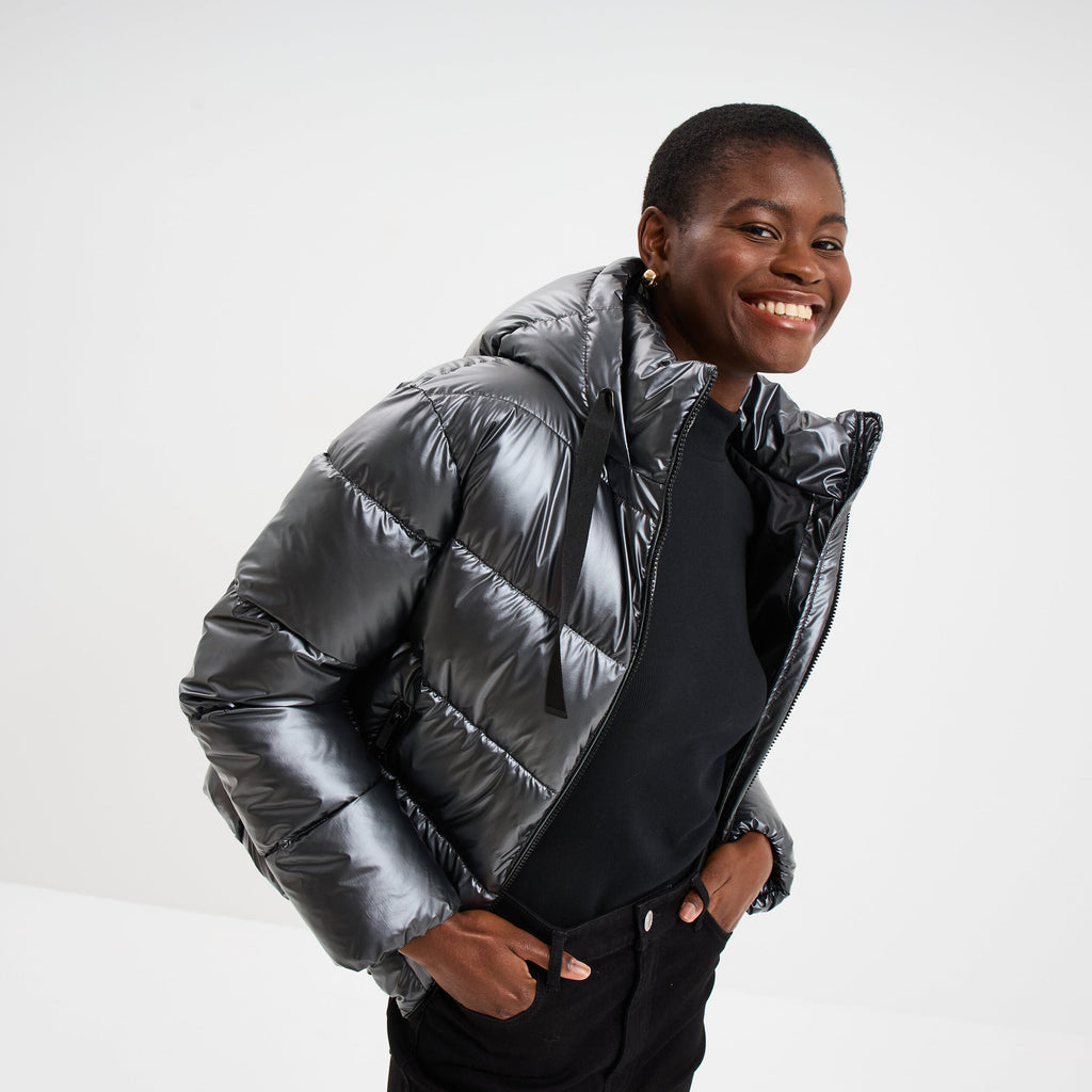Doudoune à capuche gris argent femme - 1