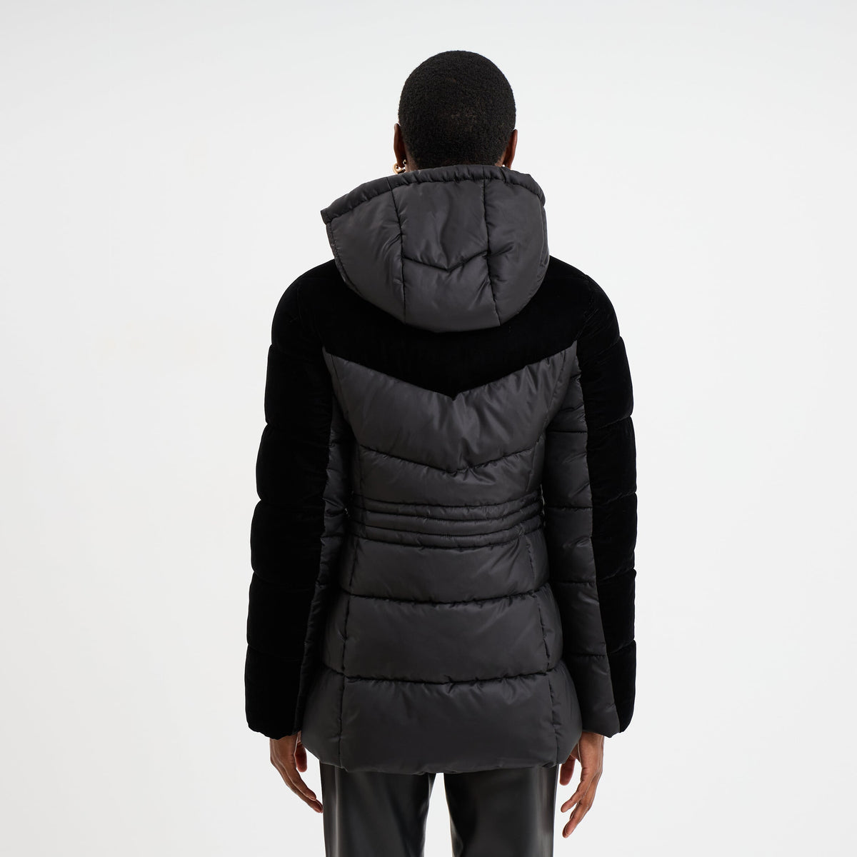 Doudoune bi-matière effet velours noir femme - 2