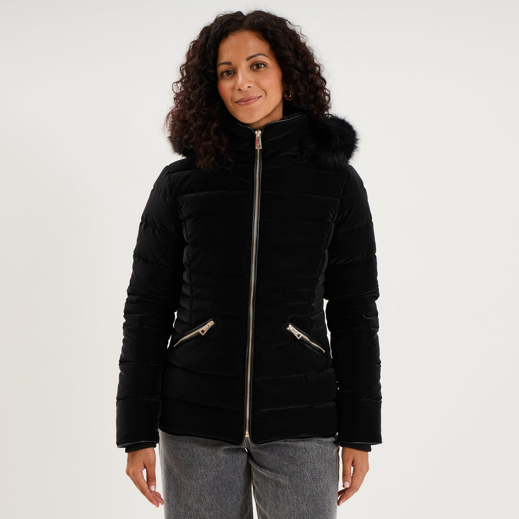 Doudoune courte capuche fausse fourrure noir femme - 1