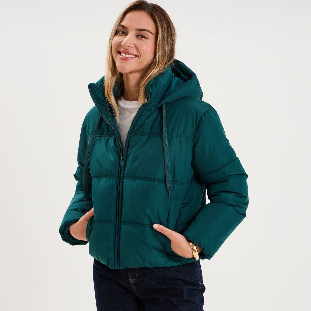 Doudoune courte droite doublée à capuche vert foncé femme - 1