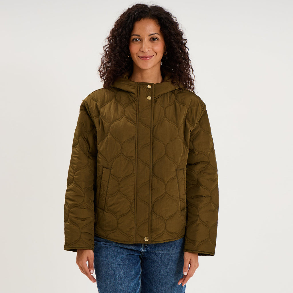 Doudoune courte matelassée à capuche beige femme - 1