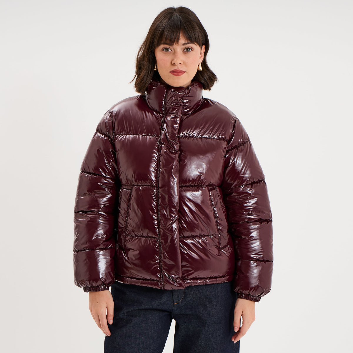 Doudoune courte oversize col montant violet foncé femme - 1