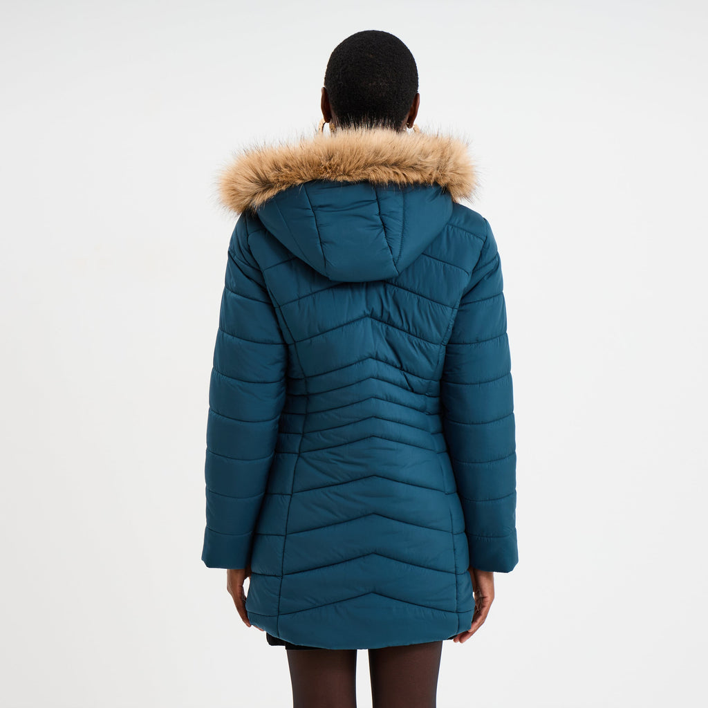 Doudoune mi-longue à capuche bleu canard femme - 2