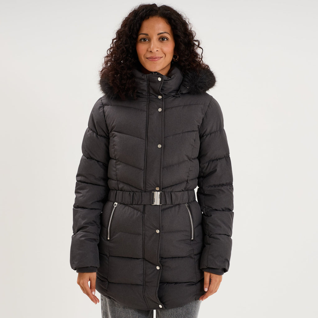 Doudoune mi-longue ceinturée à capuche gris clair femme - 1