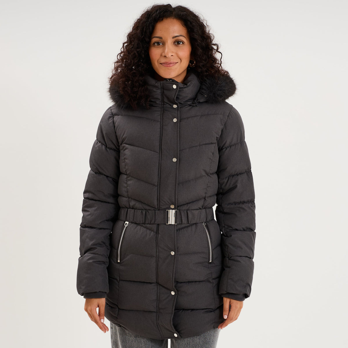 Doudoune mi-longue ceinturée à capuche gris clair femme - 1