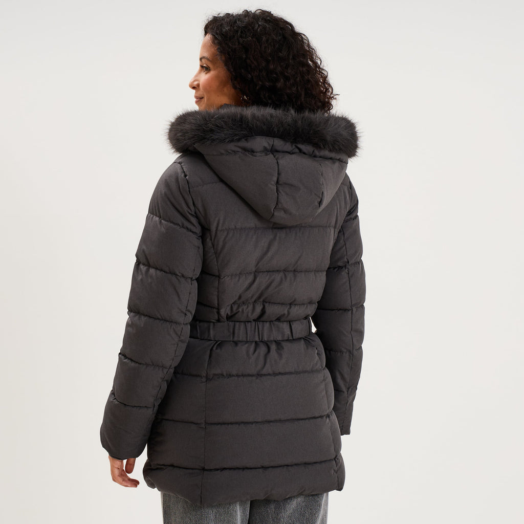 Doudoune mi-longue ceinturée à capuche gris clair femme - 2