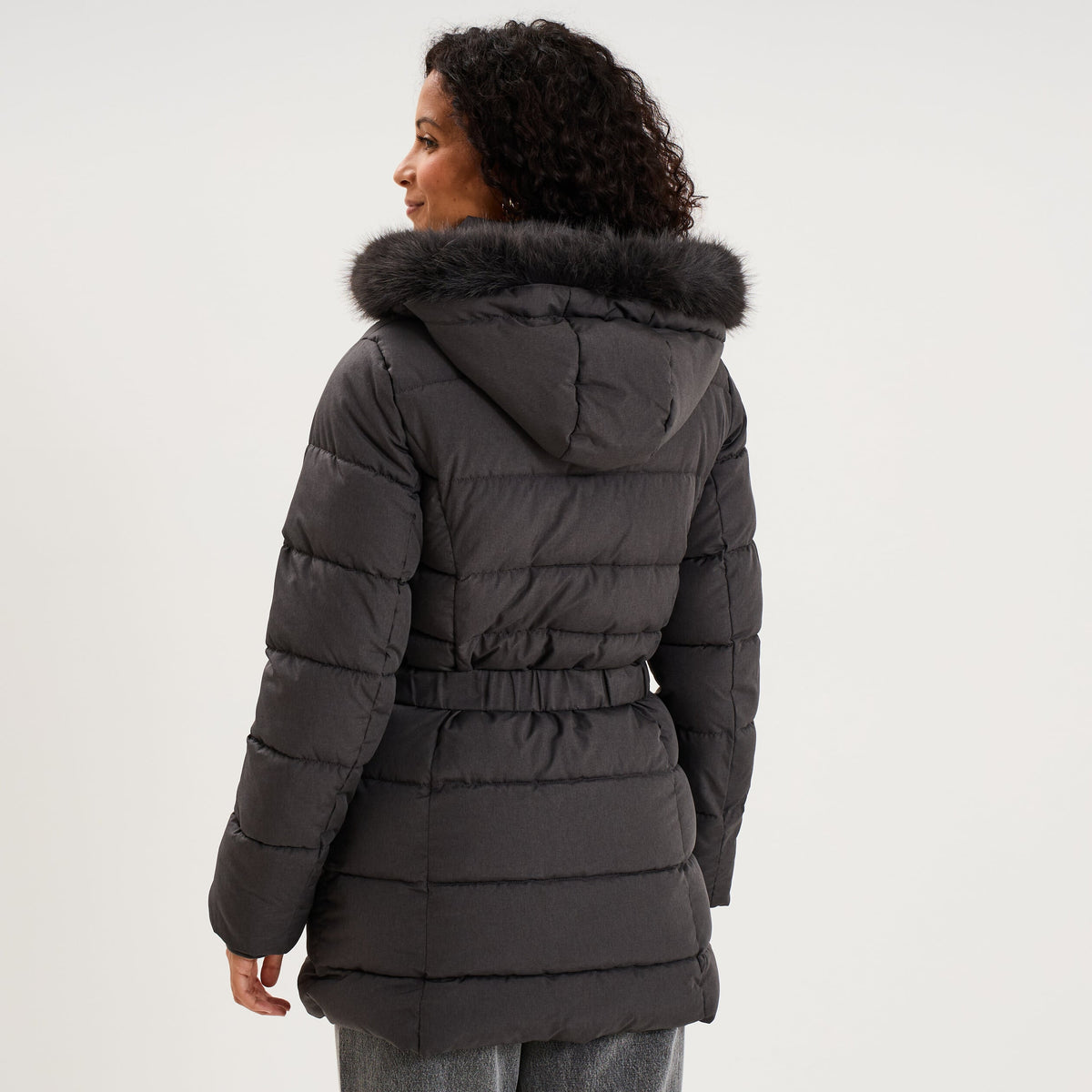 Doudoune mi-longue ceinturée à capuche gris clair femme - 2