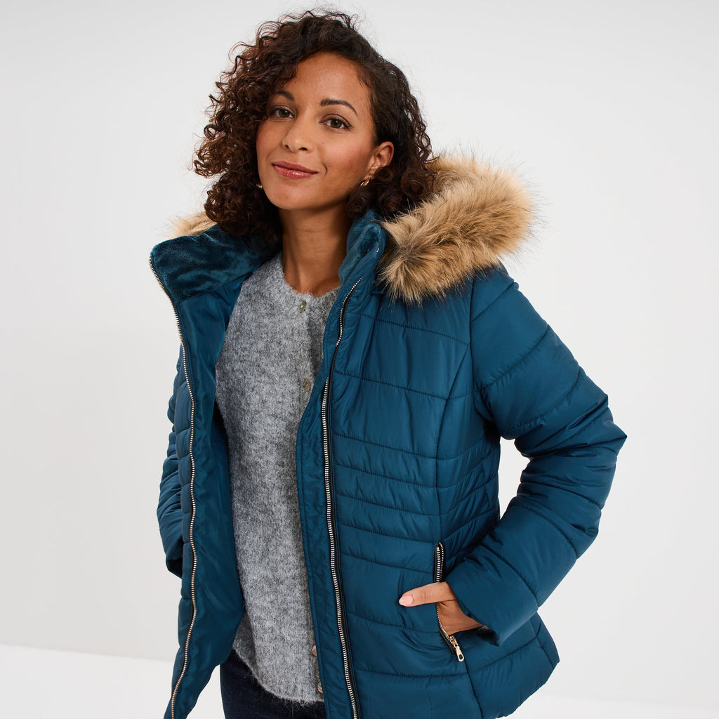 Doudoune zippée capuche amovible bleu canard femme - 1