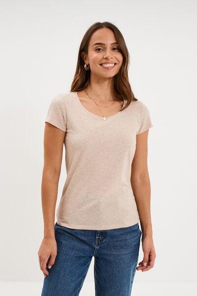 Women's Beige Cotton Short-Sleeve Crew Neck Tee
