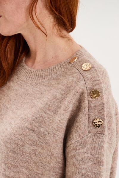 Women's Beige Knee-Length Knit Dress with Shoulder Buttons