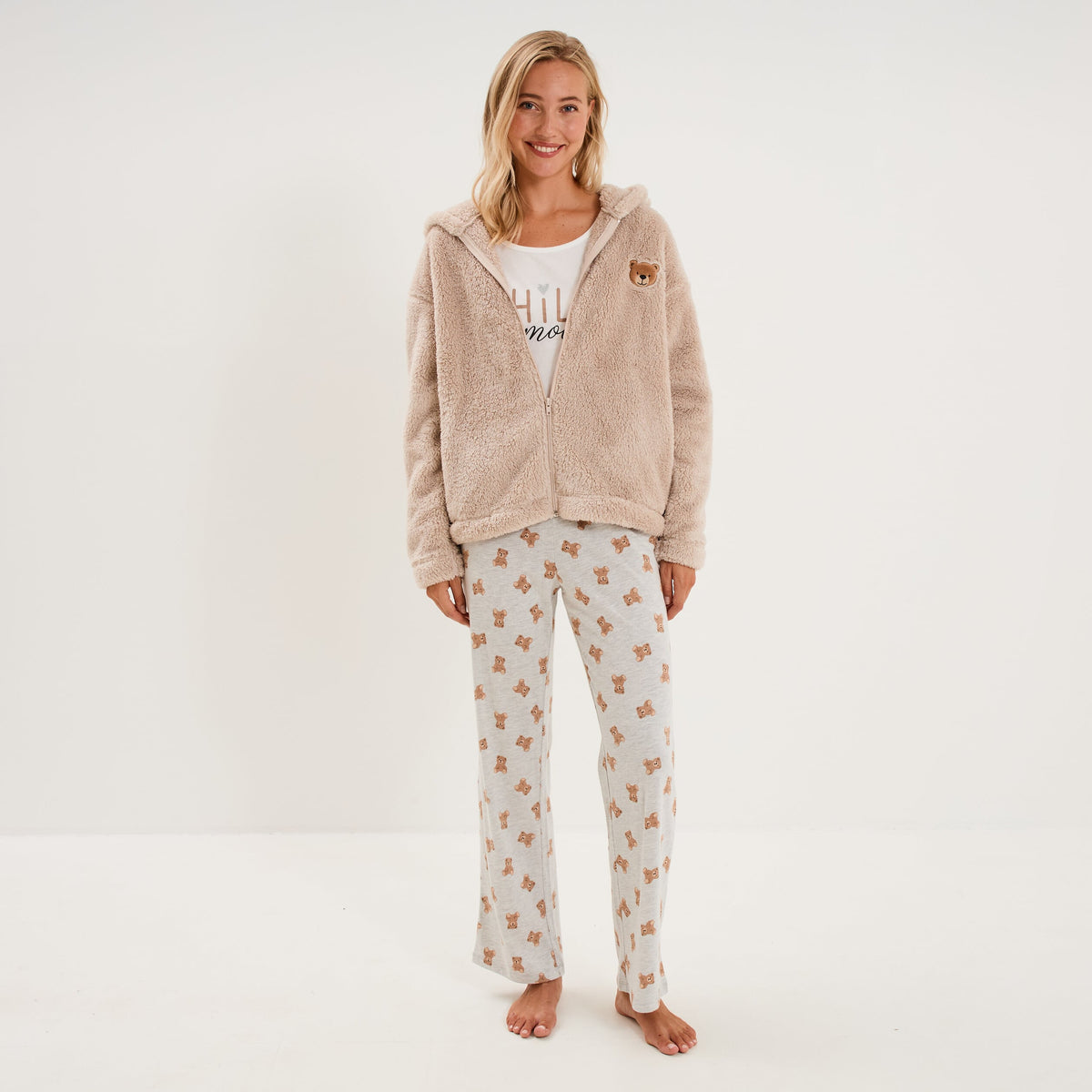Ensemble pyjama 3 pièces veste polaire ecru femme - 1