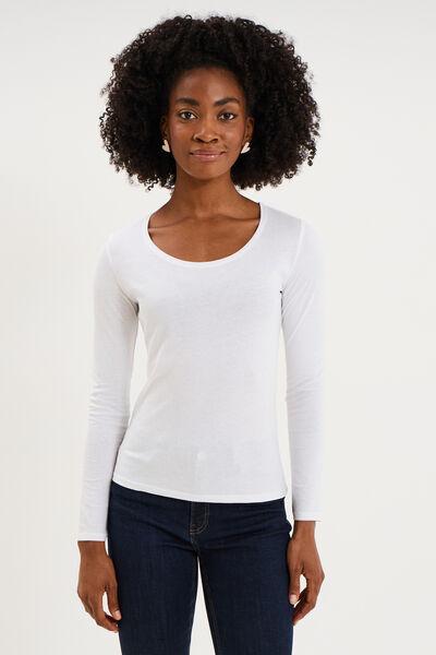 Women's White Cotton Crew-Neck Long-Sleeve T-Shirt
