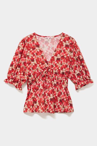 Women's Poppy Red V-Neck 3/4 Sleeve Smocked Floral Blouse