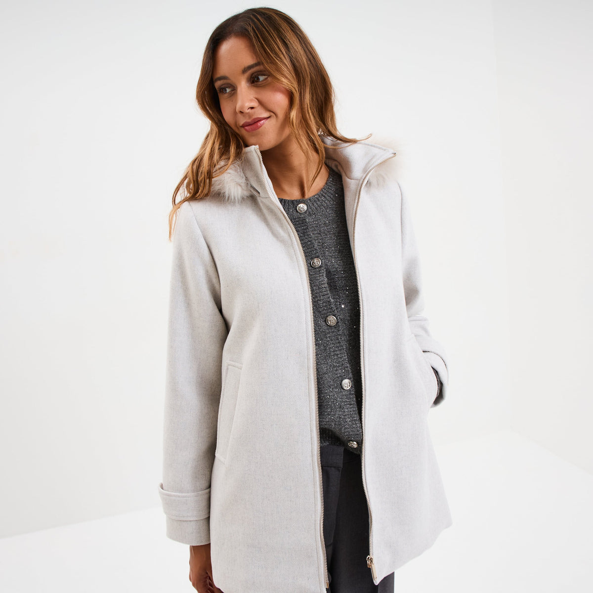 Manteau à capuche fausse fourrure gris clair femme - 1