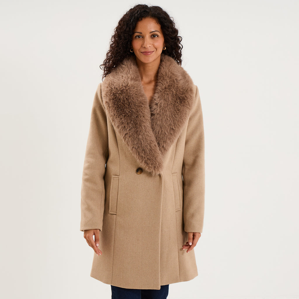 Manteau col fausse fourrure amovible taupe femme - 1