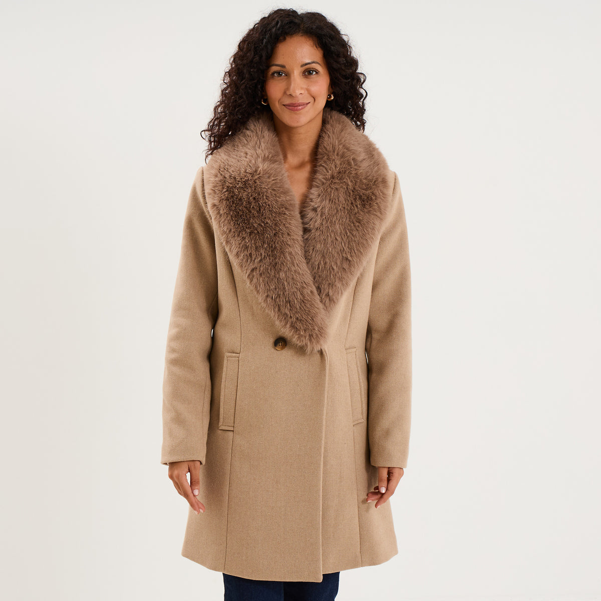 Manteau col fausse fourrure amovible taupe femme - 1