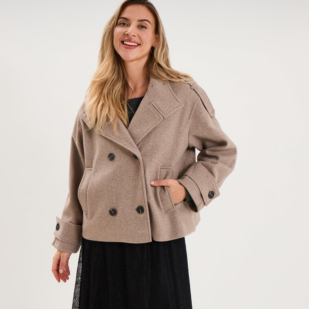 Manteau court boutonné beige femme - 1