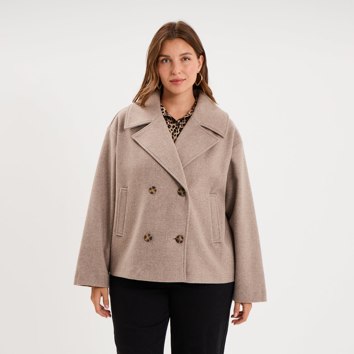 Manteau court double boutonnage beige femme grande taille - 1