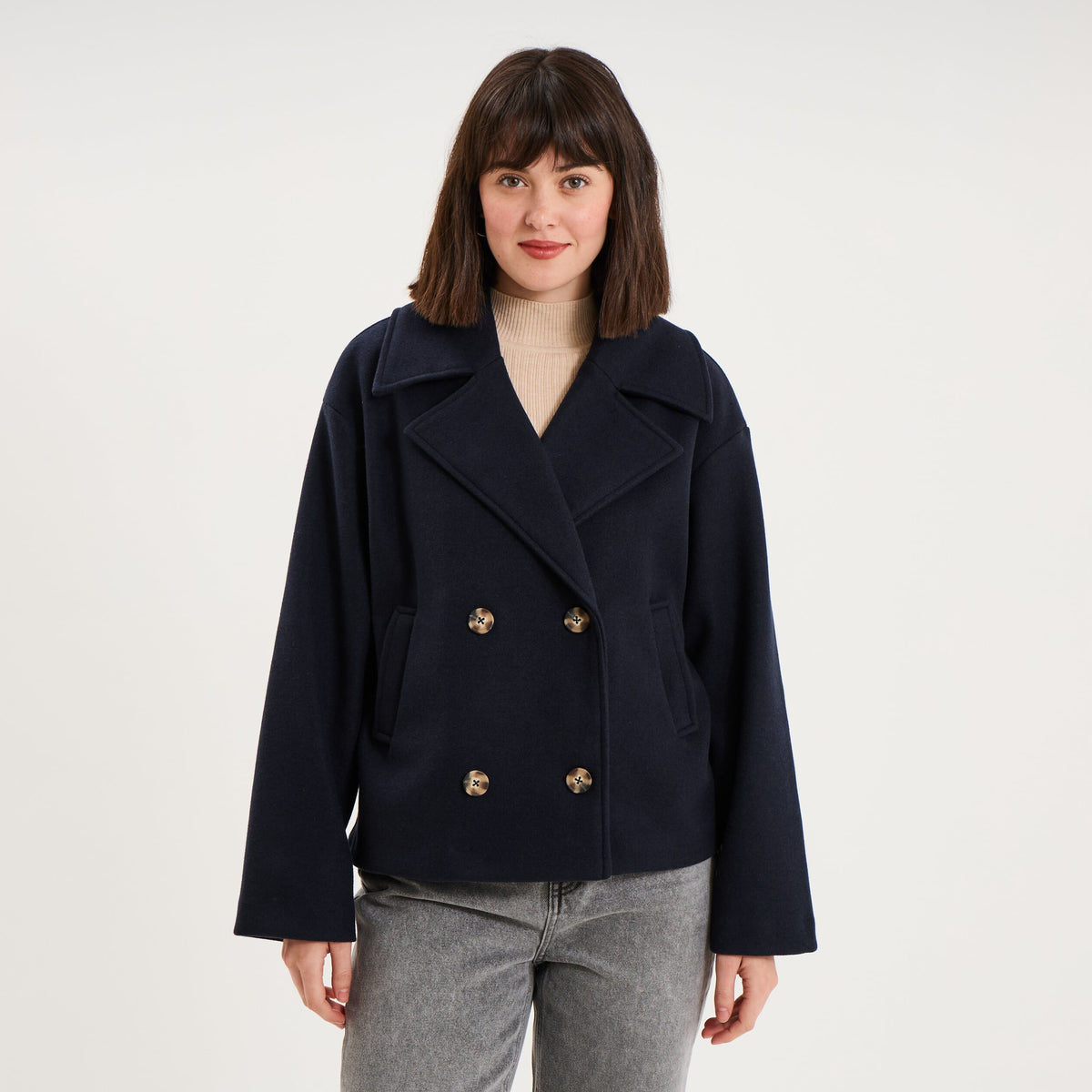 Manteau court double boutonnage noir femme - 3