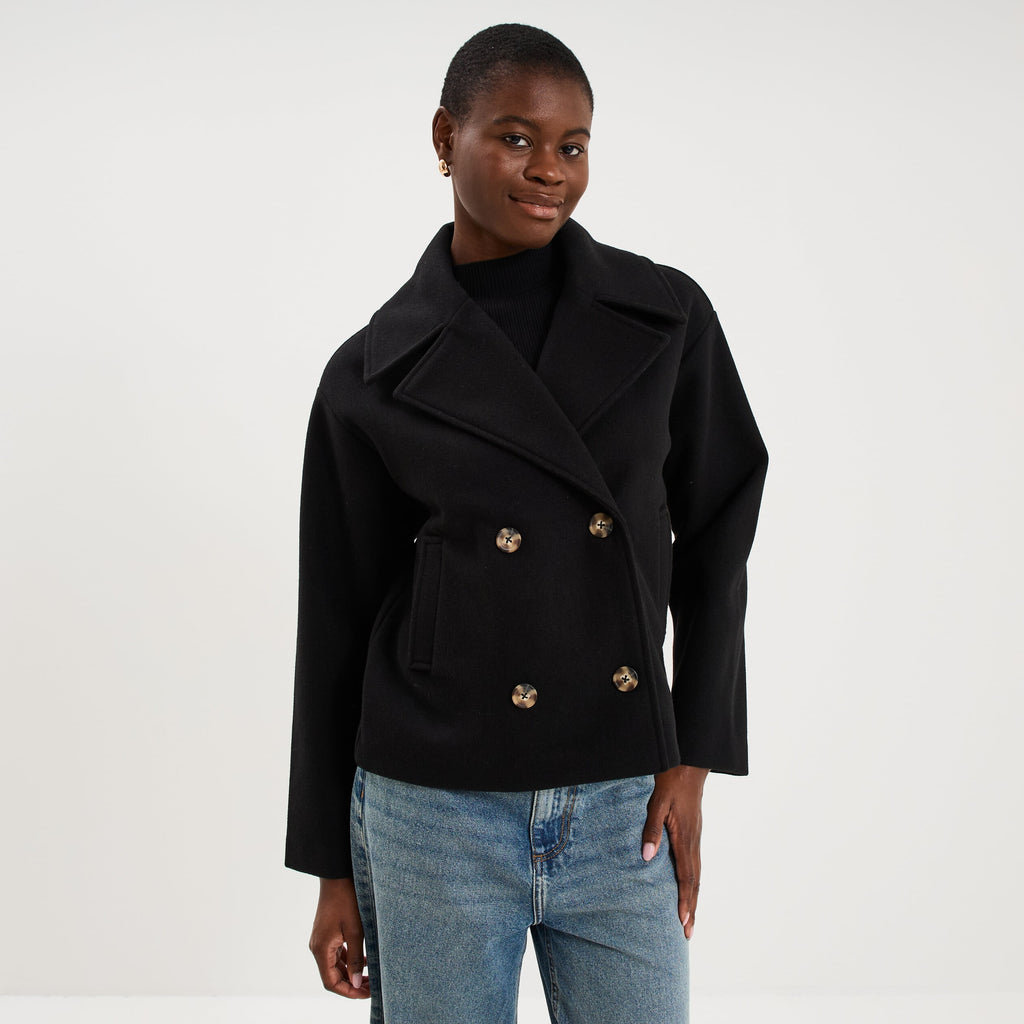 Manteau court double boutonnage noir femme - 1