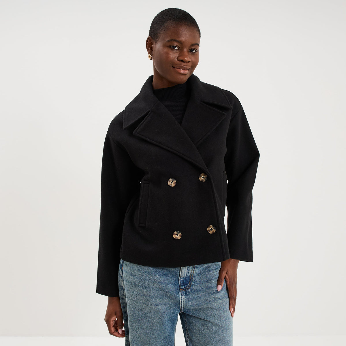 Manteau court double boutonnage noir femme - 1