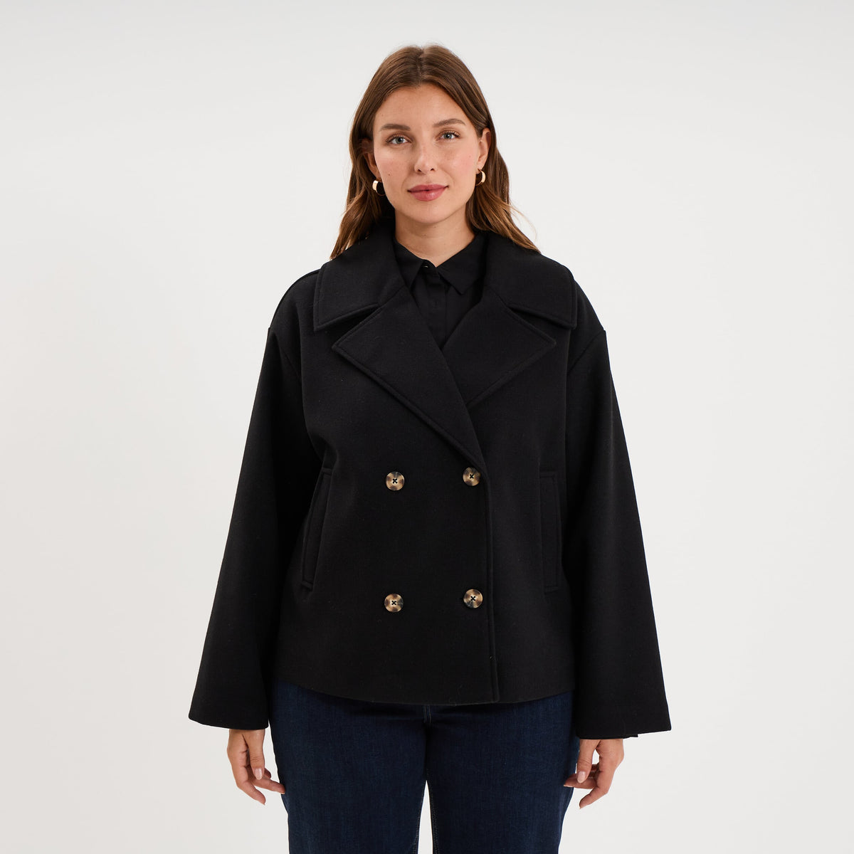 Manteau court double boutonnage beige femme grande taille - 3
