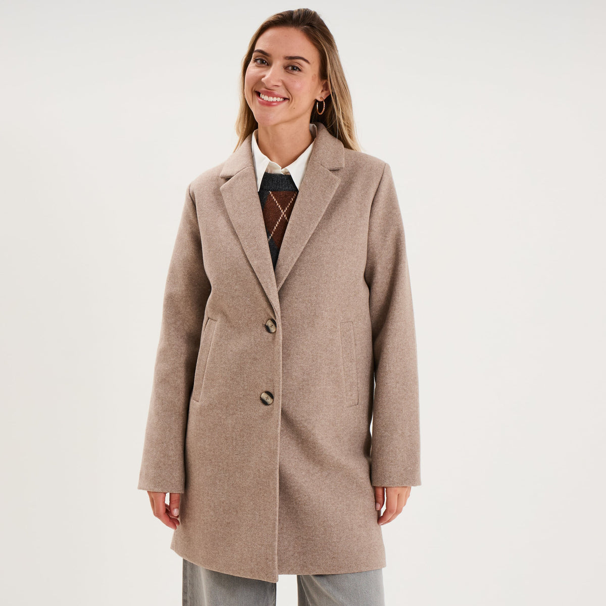 Manteau droit long boutonné beige femme - 1