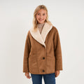 Manteau effet suédine fourré col châle marron femme - 1