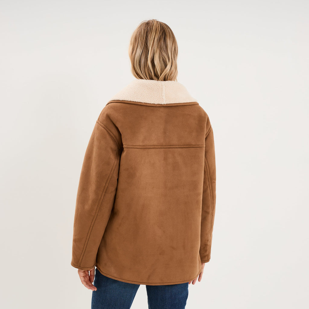Manteau effet suédine fourré col châle marron femme - 2