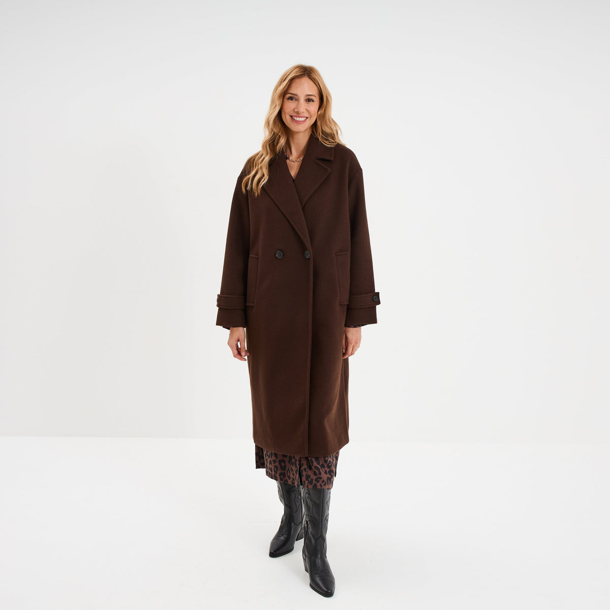 Manteau long boutonné marron foncé femme - 1