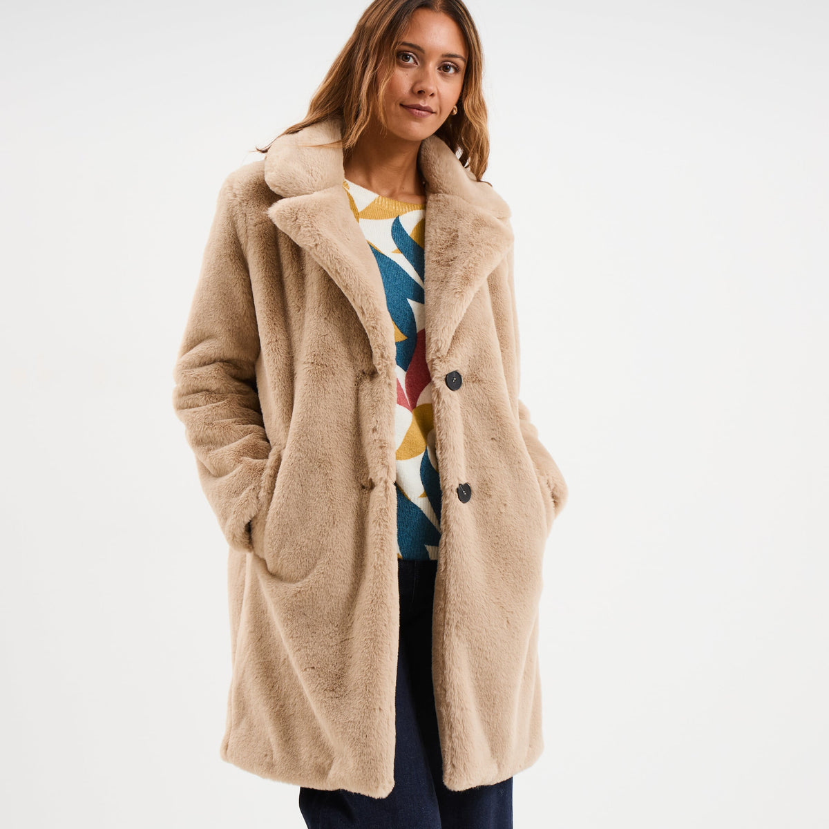 Manteau long fausse fourrure beige femme - 1