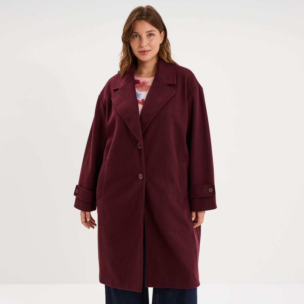 Manteau long oversize boutonné violet foncé femme grande taille - 1