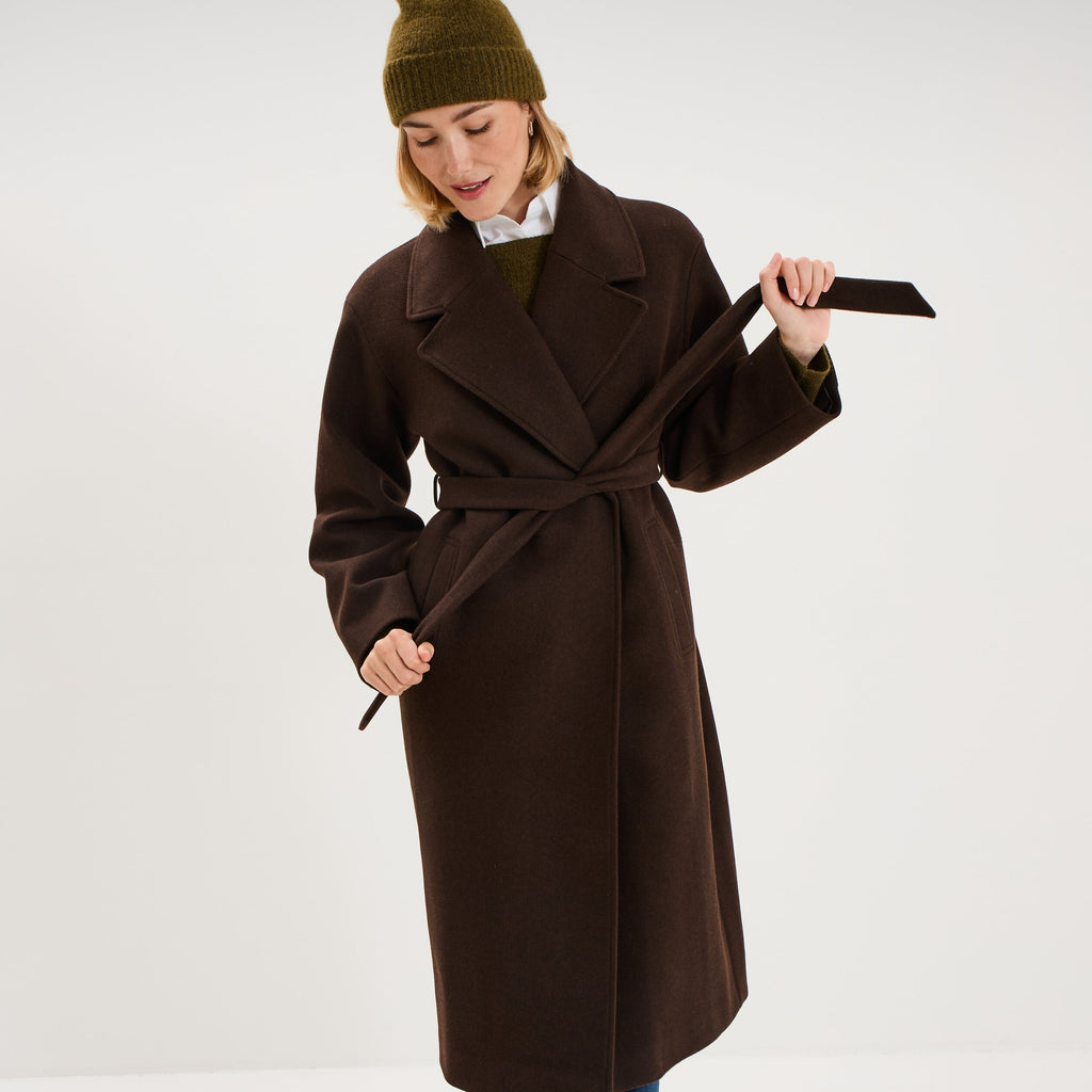 Manteau long oversize ceinturé marron foncé femme - 1
