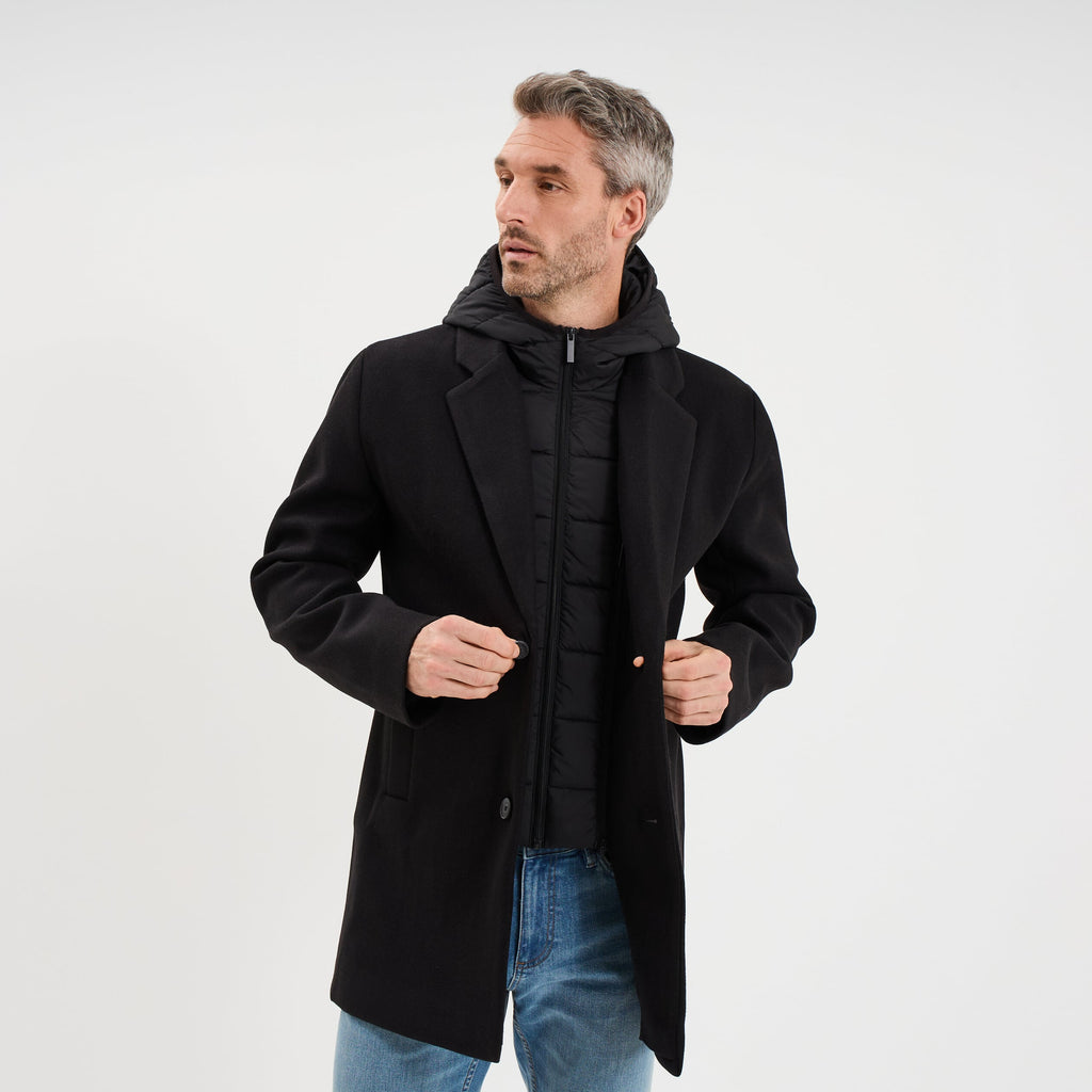 Manteau mi-long 3 en 1 à capuche noir homme - 1