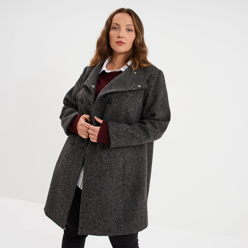 Manteau mi-long boutonné gris foncé femme grande taille - 1