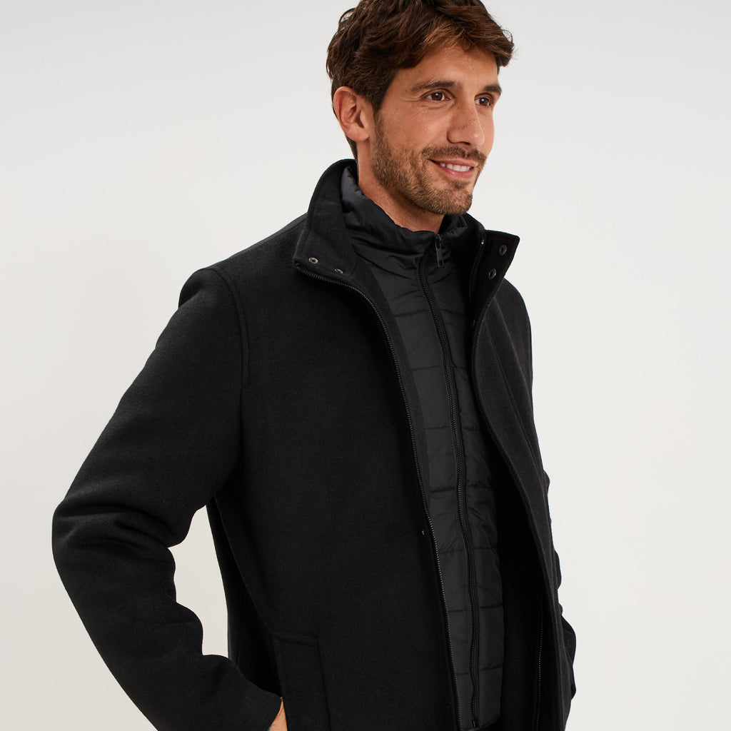 Manteau mi-long col montant zippé noir homme - 1