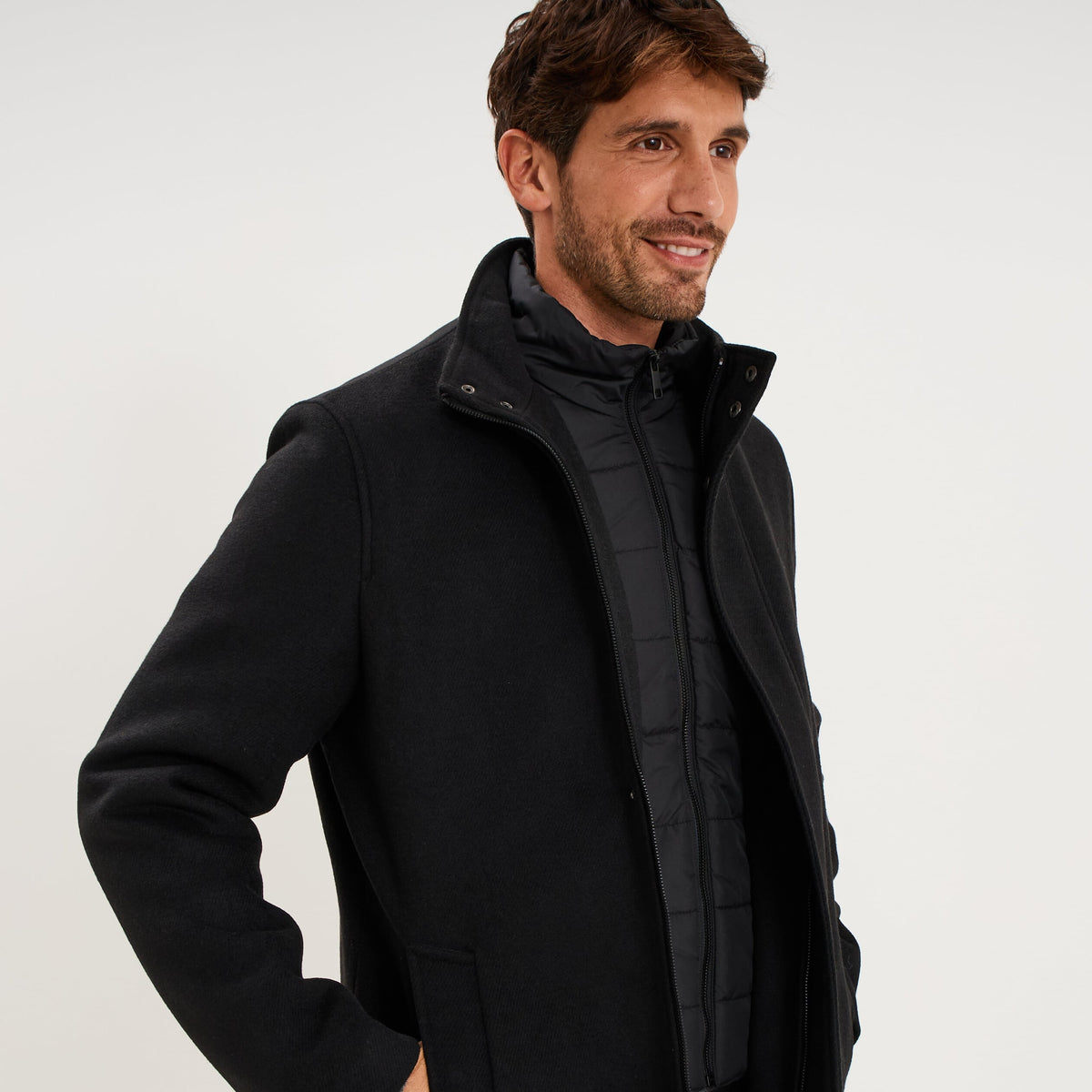 Manteau mi-long col montant zippé noir homme - 1
