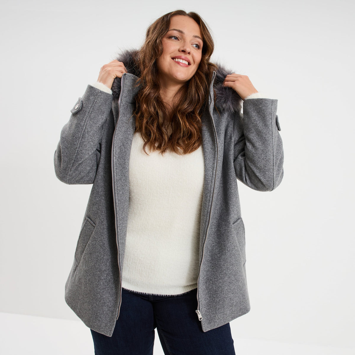 Manteau zippé à capuche fausse fourrure gris femme grande taille - 1