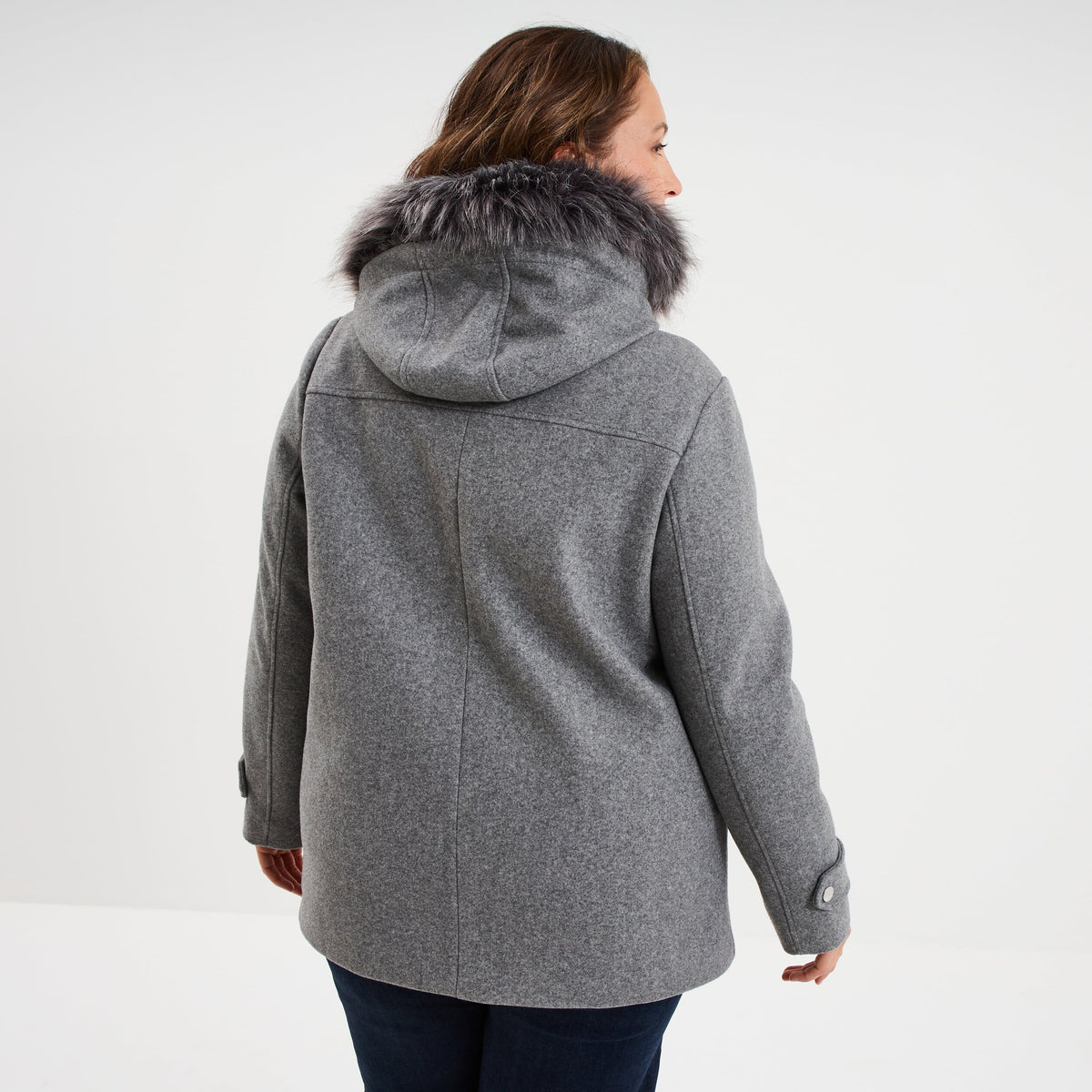 Manteau zippé à capuche fausse fourrure gris femme grande taille - 2