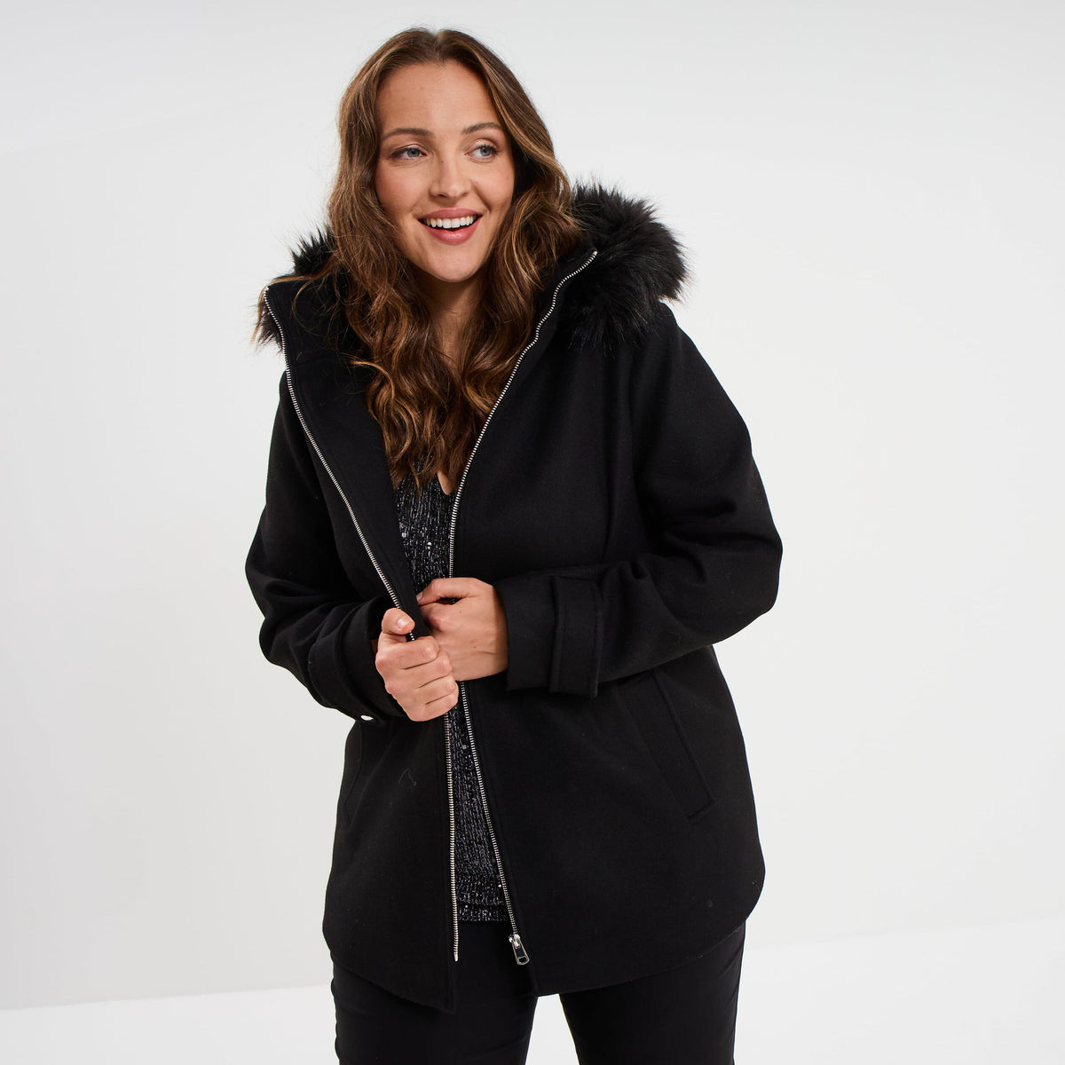 Manteau zippé à capuche fausse fourrure gris femme grande taille - 3