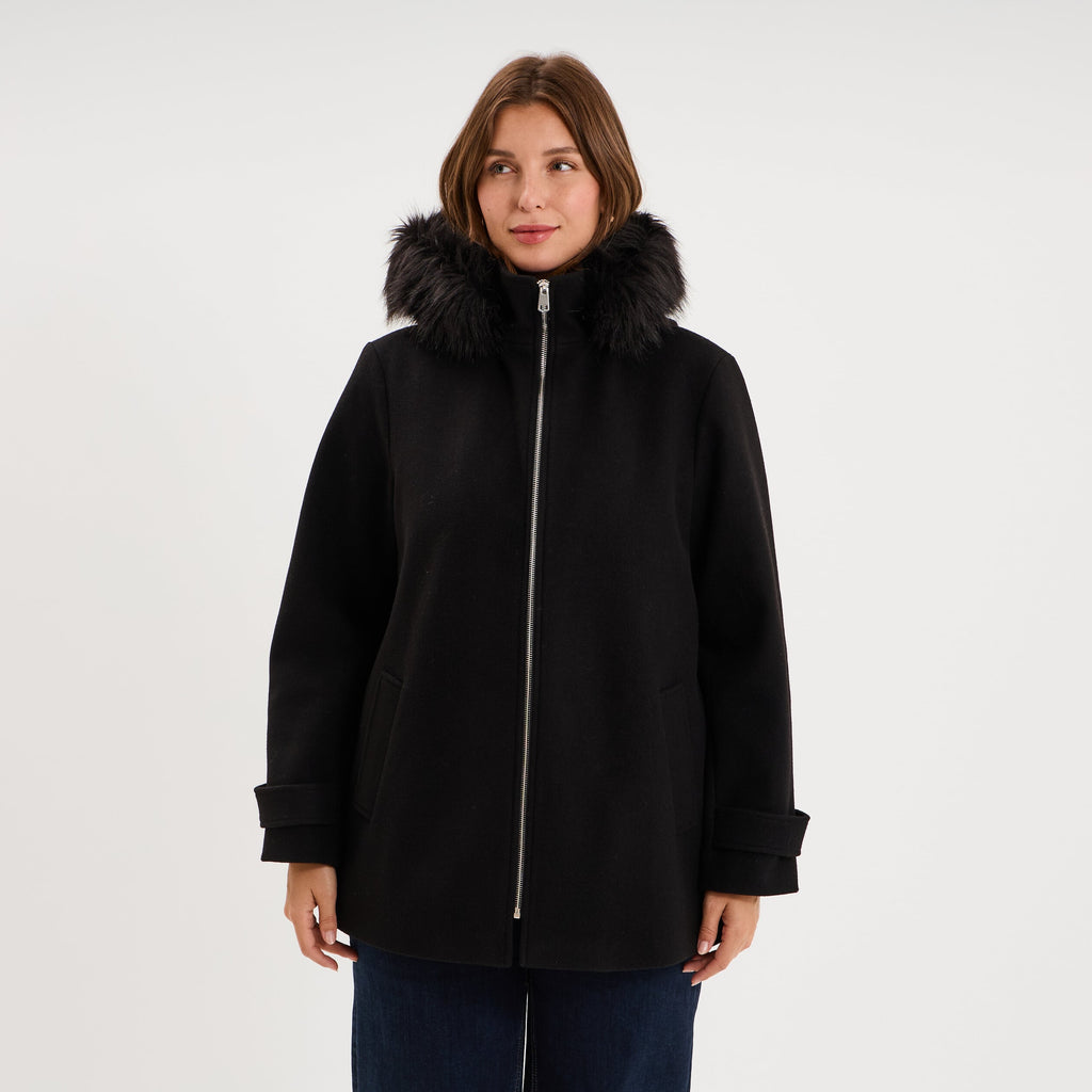 Manteau zippé capuche fausse fourrure noir femme grande taille - 1