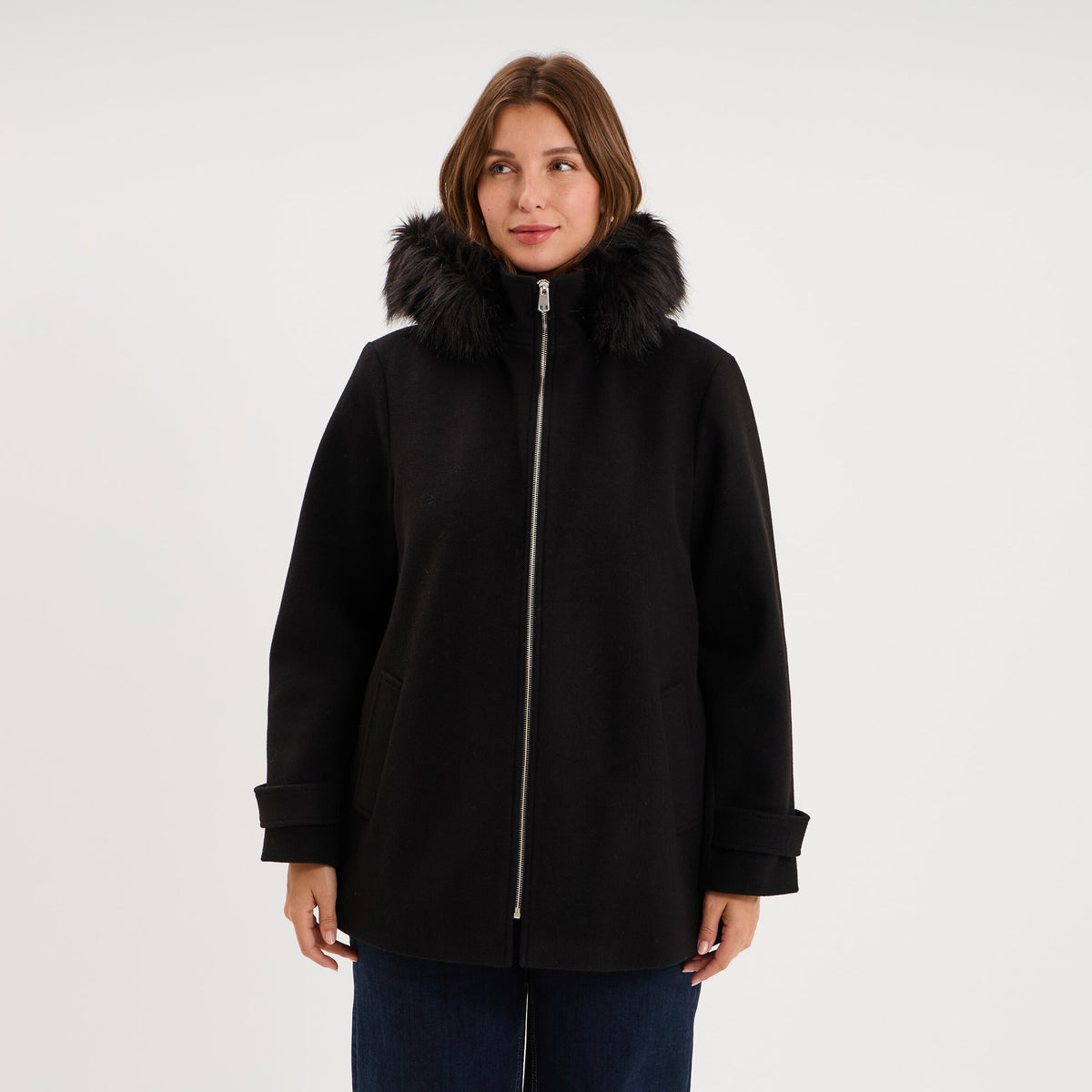 Manteau zippé capuche fausse fourrure noir femme grande taille - 1
