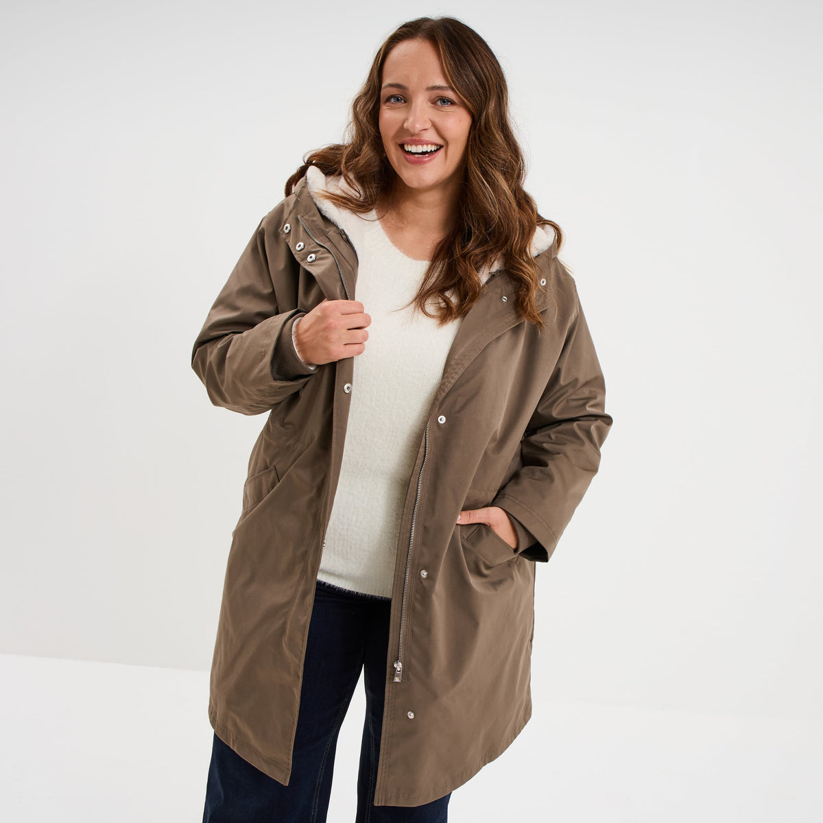 Parka 3-en-1 longue à capuche vert kaki femme grande taille - 1